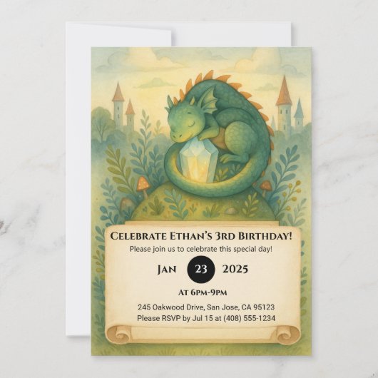 童話の誕生日に輝くクリスタルと共に眠るドラゴン 招待状 (正面)