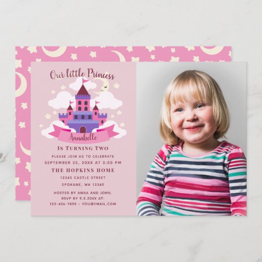 童話プリンセスキャッスルガールズ誕生日写真 招待状 (正面/裏面)