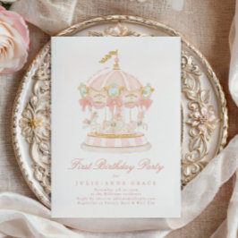 童話赤面ピンクガール回転木馬誕生日パーティー 招待状