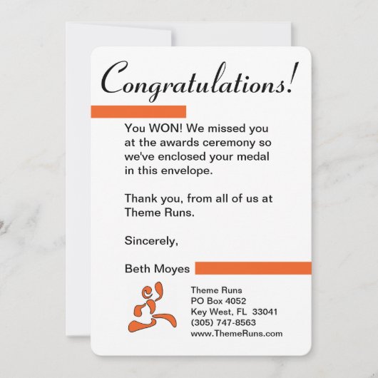 競争ディレクター-メダル受賞者の手紙 サンキューカード (正面)