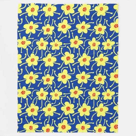 競合する花 – ネイビーブルーの黄色と赤 フリースブランケット (正面)
