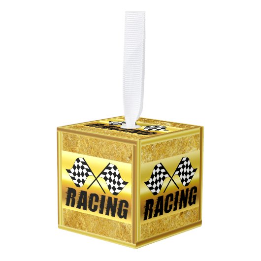 競市松模様に争勝の2つのレーシングフラグ キューブオーナメント (正面アングル)