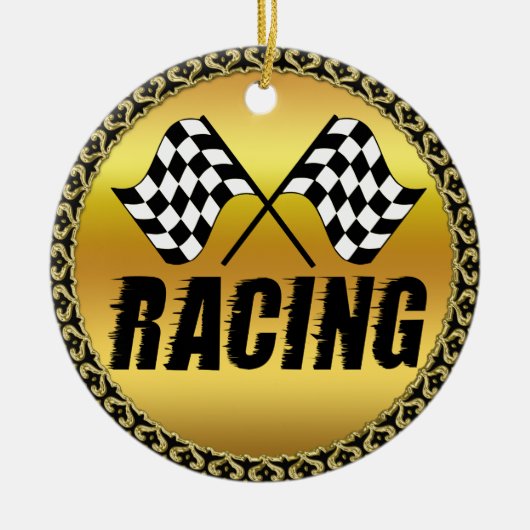 競市松模様に争勝の2つのレーシングフラグ セラミックオーナメント (正面)