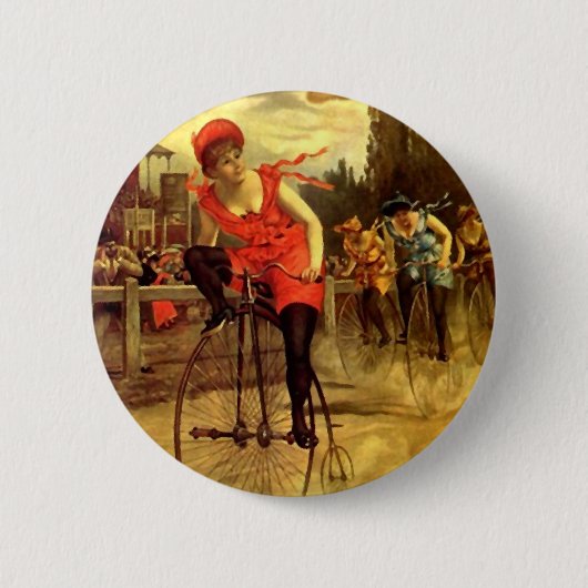 競輪を競争させる女性ヴィンテージのバイク 缶バッジ (正面)