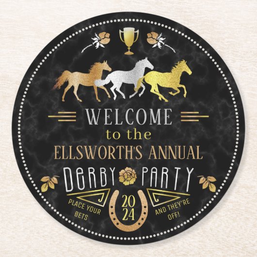 競馬ダービーデイパーティーアールデコブラック金ゴールド ラウンドペーパーコースター (正面)