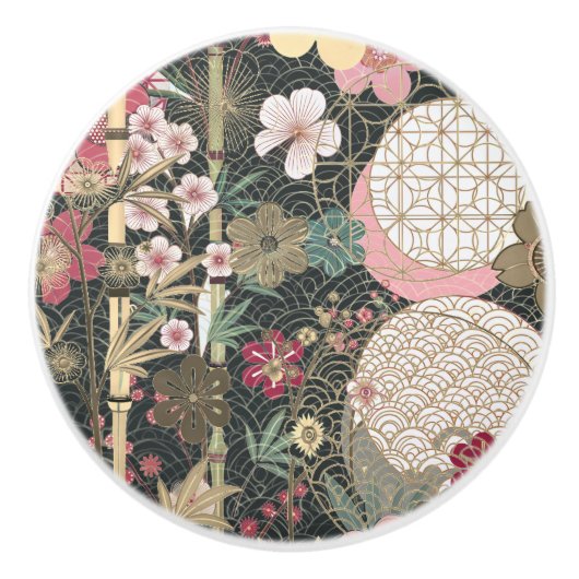 竹さくらんぼ花アールデコデザイン セラミックノブ (正面)