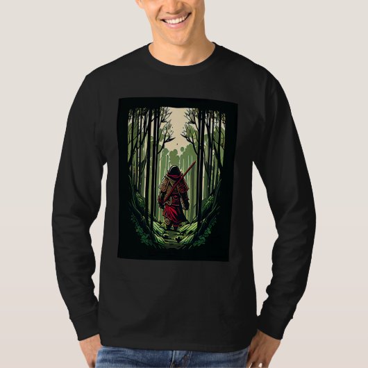 竹とビデオゲーム風の刀を持つサムライ戦士 Tシャツ (正面)