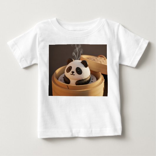 竹のせいろの中の愛らしいパンダ餅 ベビーTシャツ (正面)