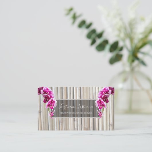 竹の上に咲く美しい紫のピンクの蘭 名刺 (スタンド正面)