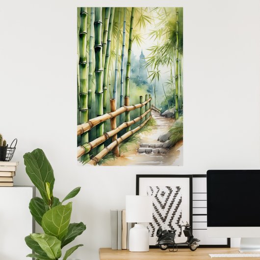 竹の中の木製のフェンスのパス ポスター (ホームオフィス)