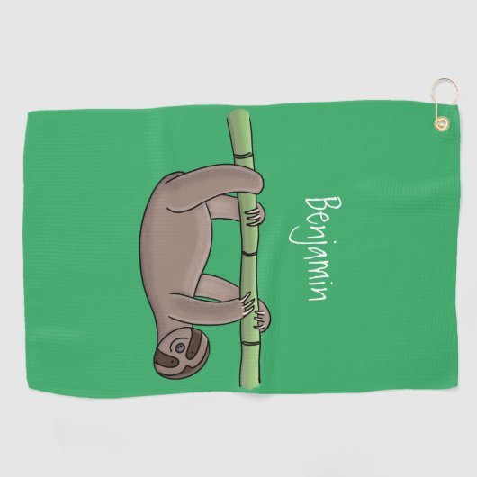 竹の漫画の上の可愛い笑顔のナマケモノイラストレーション ゴルフタオル (横)