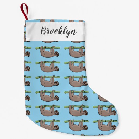 竹の漫画の上の可愛い笑顔のナマケモノイラストレーション スモールクリスマスストッキング (正面)