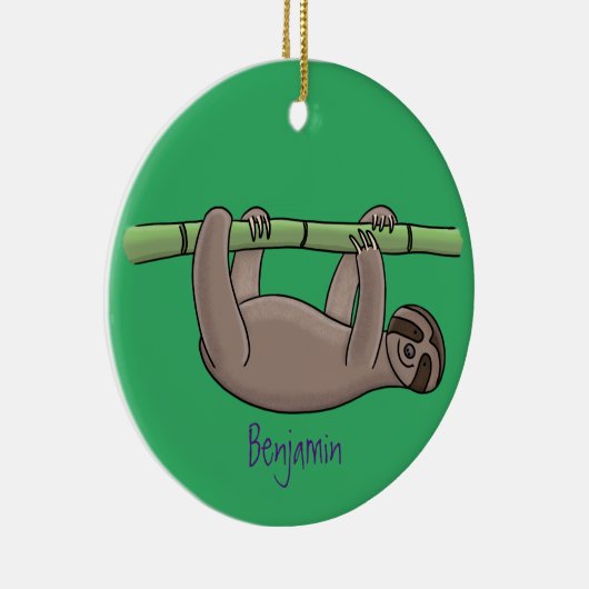 竹の漫画の上の可愛い笑顔のナマケモノイラストレーション セラミックオーナメント (右)