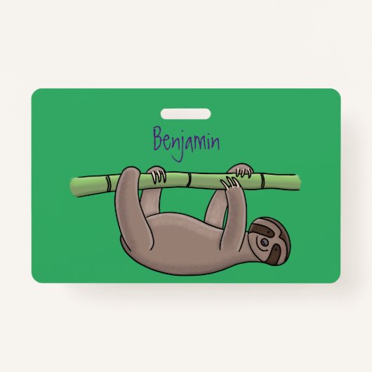 竹の漫画の上の可愛い笑顔のナマケモノイラストレーション バッジ (正面)