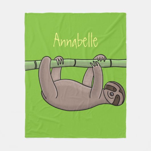 竹の漫画の上の可愛い笑顔のナマケモノイラストレーション フリースブランケット (正面)