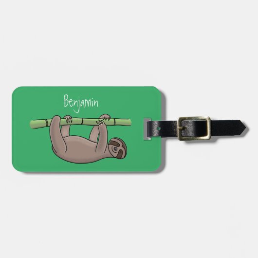 竹の漫画の上の可愛い笑顔のナマケモノイラストレーション ラゲッジタグ (正面横)