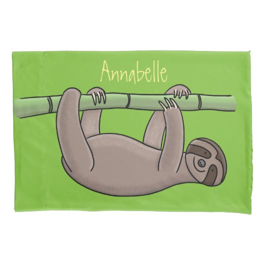 竹の漫画の上の可愛い笑顔のナマケモノイラストレーション 枕カバー (正面)