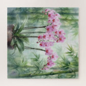 竹の背景のピンクの蘭の植物 ジグソーパズル (横)