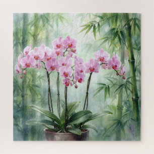 竹の背景のピンクの蘭の植物 ジグソーパズル