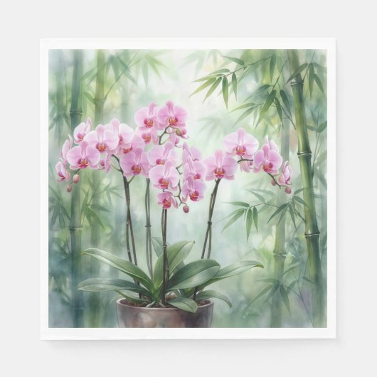 竹の背景のピンクの蘭の植物 スタンダードランチョンナプキン (正面)