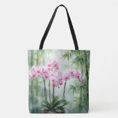竹の背景のピンクの蘭の植物 トートバッグ (正面)