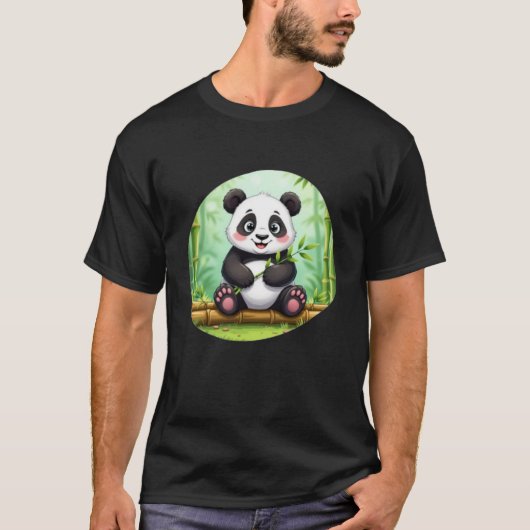 竹の葉っぱに座るかわいいパンダのキャラクター Tシャツ (正面)