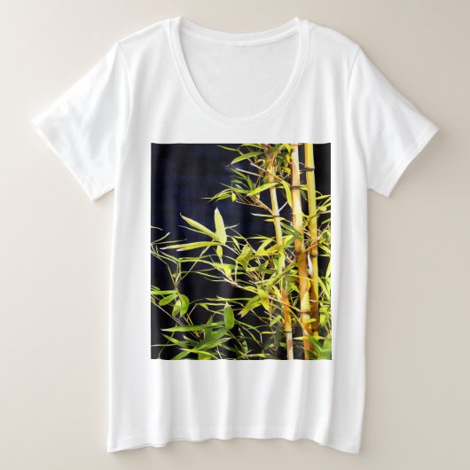 竹の葉のトロピカルアートを黒に プラスサイズTシャツ (デザイン正面)