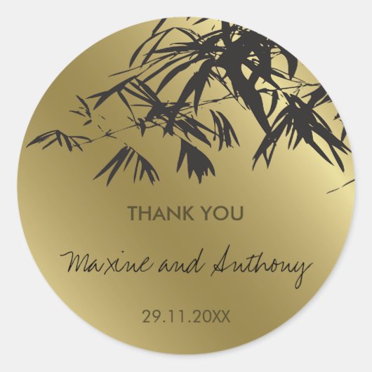 竹の葉金ゴールド黒いありがとうご結婚ざいます ラウンドシール (正面)