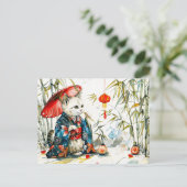 竹垣に赤い傘を差した白猫 ポストカード (スタンド正面)