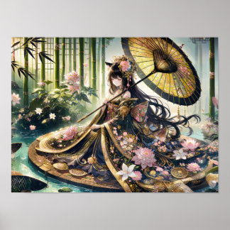 竹威厳のある蓋下のフローラ着物 ポスター