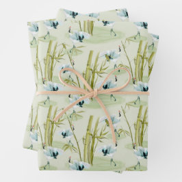 竹日本の柄の赤冠鶴 ラッピングペーパーシート