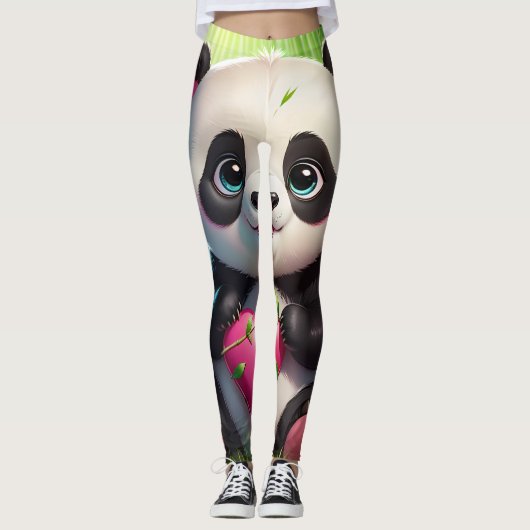 竹林でハートを持つかわいいパンダ レギンス (正面)