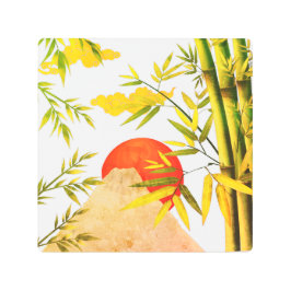 竹林に浮かぶ日本の山の朝日 メタルプリント