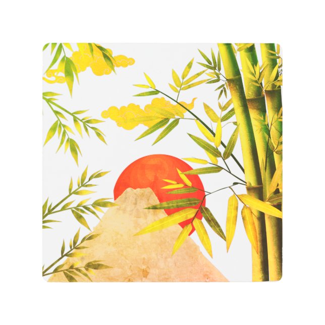 竹林に浮かぶ日本の山の朝日 メタルプリント (正面)