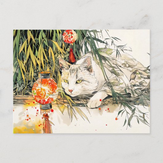 竹林の墨を使った白い芸者中国の猫 ポストカード (正面)