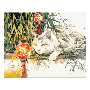 竹林の白い芸者猫 - 中国風水墨画 フォトプリント