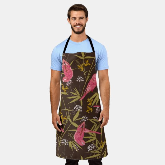 竹林の美しい手描きオウム エプロン (着用した状態)