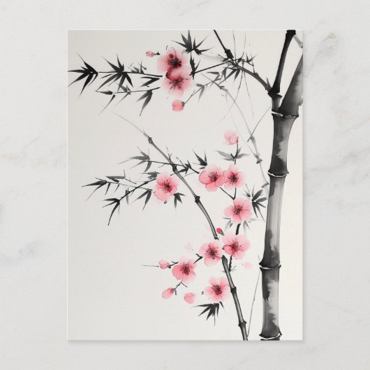 竹絵を描とさくらんぼの花 ポストカード (正面)