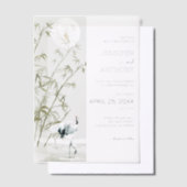 竹草及び鶴結婚の木 ベラム紙招待状 (オフセット)