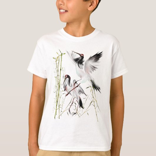 竹製シャツを着た2羽の鶴 Tシャツ (正面)