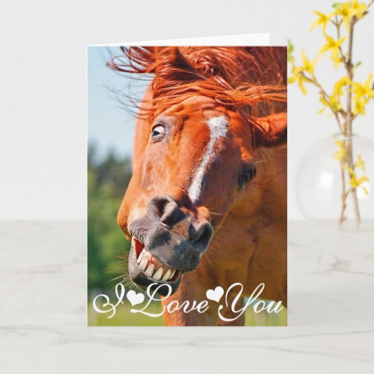 笑いおもしろい馬写真お前を愛してる カード (黄色い花)