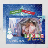 笑いながら雪の道を 笑顔のスノーマン フォトカード シーズンカード (正面/裏面)