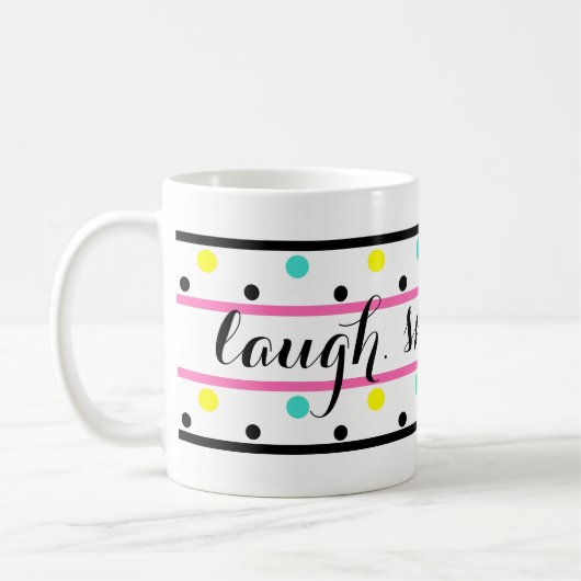 笑い引用文ピンクブルーイエロー水玉模様 コーヒーマグカップ (左)