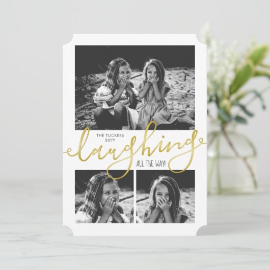 笑い続けるフォトスノウ金ゴールドクリスマス シーズンカード (スタンド正面)