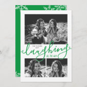 笑い続ける3写真の雪の緑のクリスマス シーズンカード (正面/裏面)