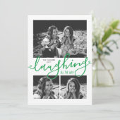 笑い続ける3写真の雪の緑のクリスマス シーズンカード (スタンド正面)