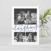 笑い続ける3枚写真の雪のような青いクリスマス シーズンカード (スタンド正面)