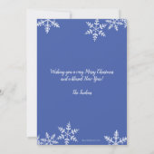 笑い続ける3枚写真の雪のような青いクリスマス シーズンカード (裏面)