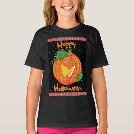 笑うカボチャかわいいハロウィンガール Tシャツ (正面)