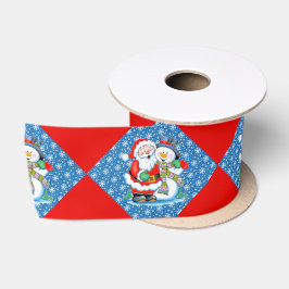 笑うサンタクロースと雪だるまクリスマス雪 サテンリボン